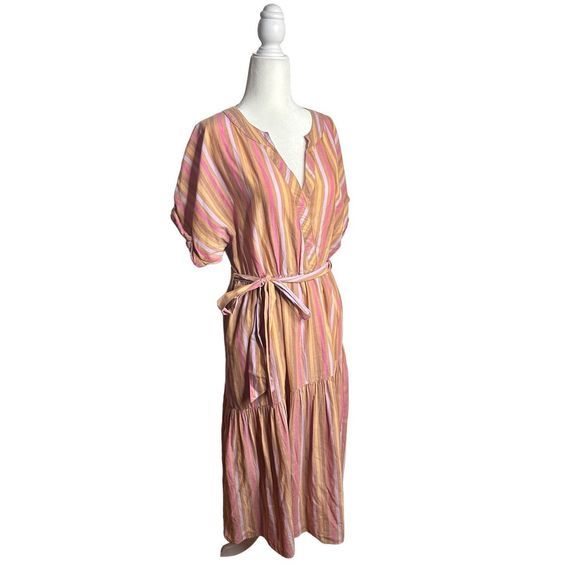 Xirena Drue‎ Midi Pink Tan Short Sleeve Cotton Tie Dress Size Small Women's - Picture 4 of 10